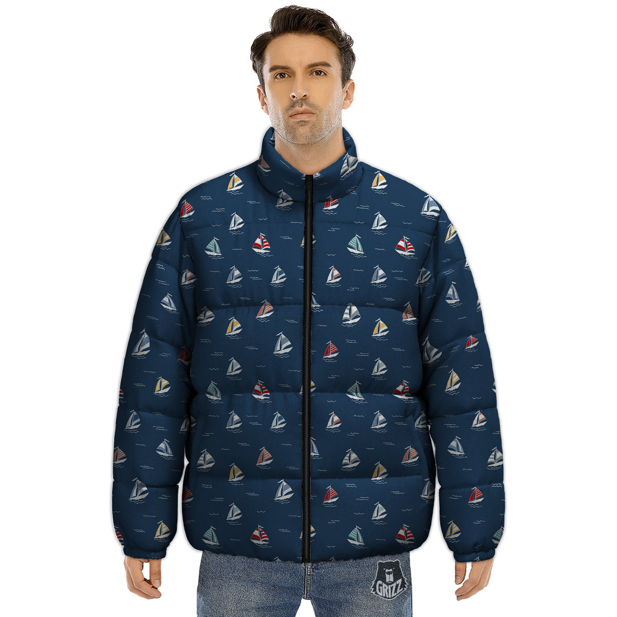 Boat Colorful Print Pattern Puffer Jacket-grizzshop
