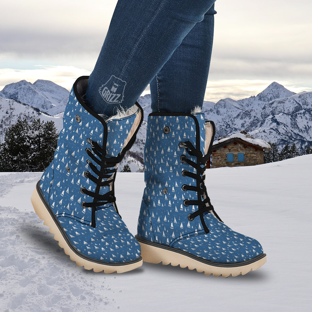 Boat Drawing Print Pattern Snow Boots-grizzshop