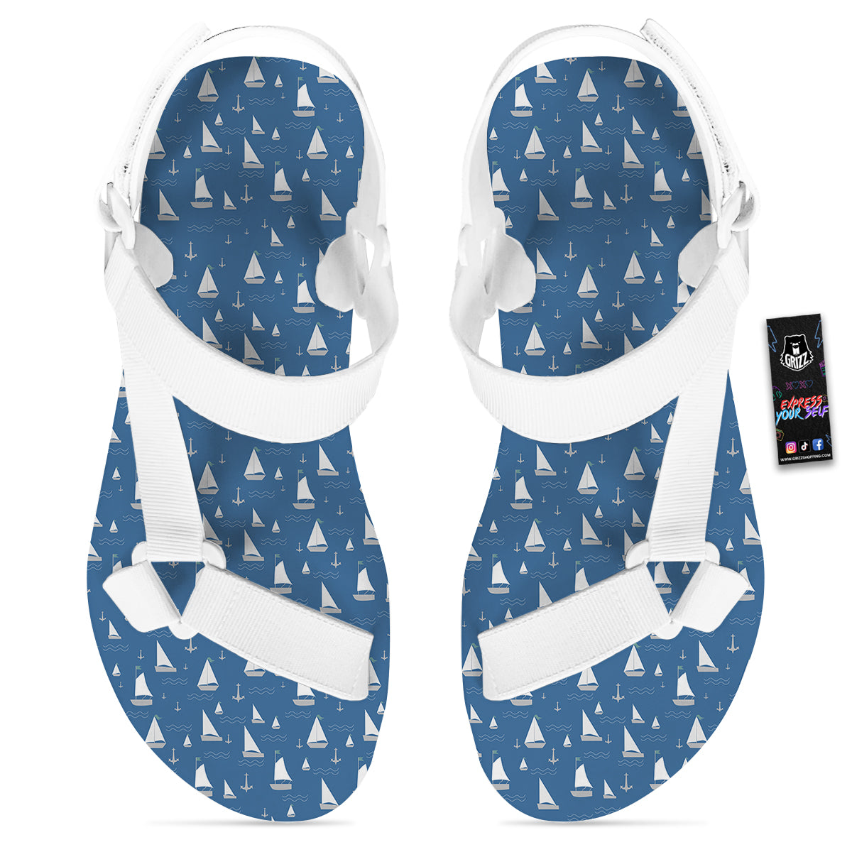 Boat Drawing Print Pattern White Open Toe Sandals-grizzshop