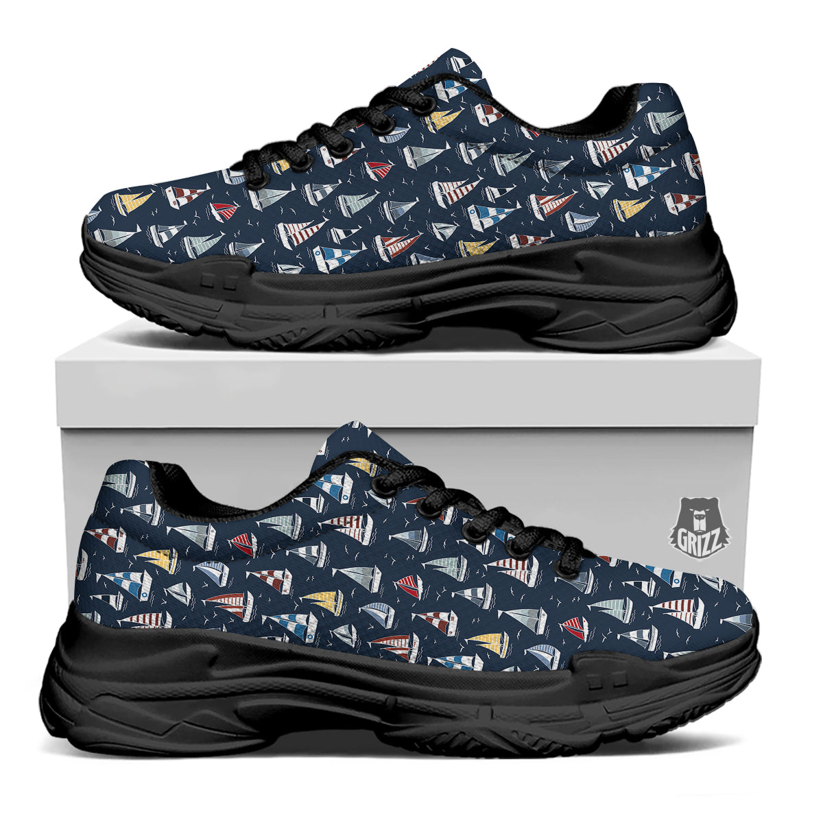 Boat On Sea Print Pattern Black Chunky Shoes-grizzshop
