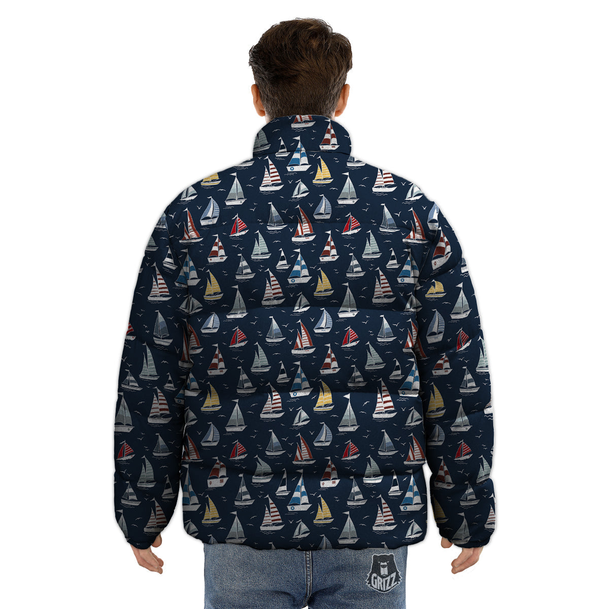 Boat On Sea Print Pattern Puffer Jacket-grizzshop