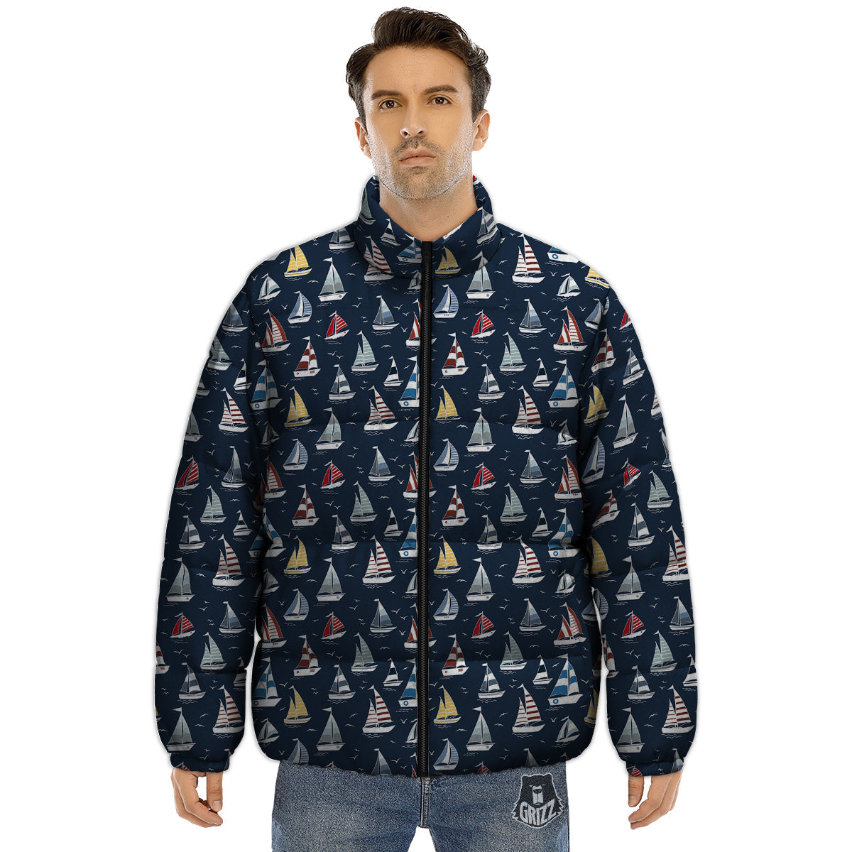 Boat On Sea Print Pattern Puffer Jacket-grizzshop
