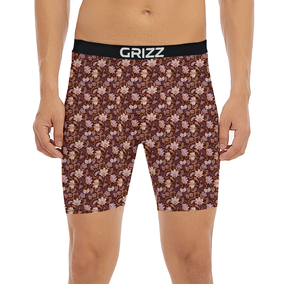 Bohemian Brown Floral Print Pattern Boxer Briefs-grizzshop