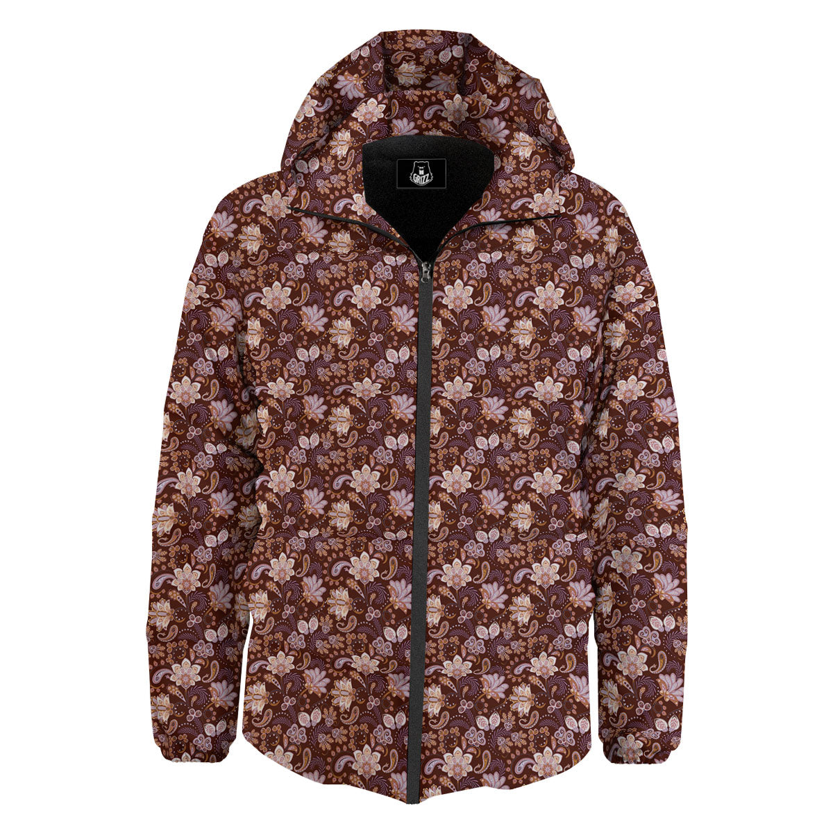 Bohemian Brown Floral Print Pattern Down Jacket-grizzshop