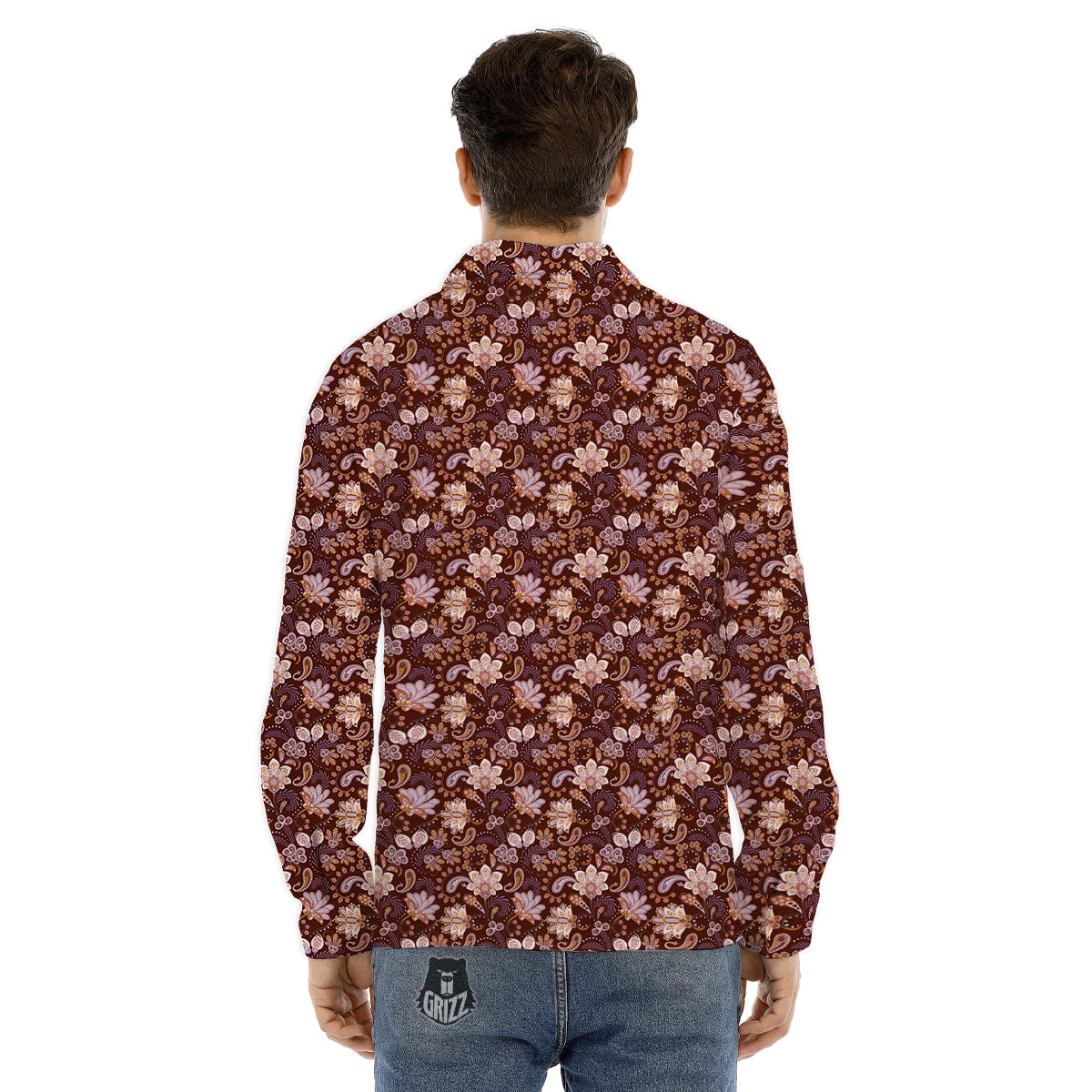 Bohemian Brown Floral Print Pattern Men's Dress Shirts-grizzshop