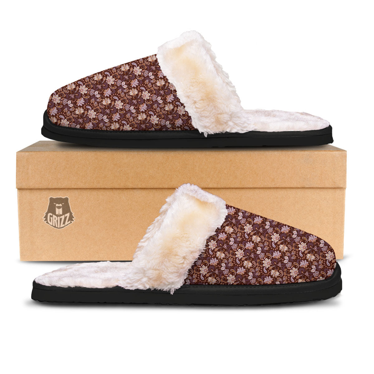 Bohemian Brown Floral Print Pattern Slippers-grizzshop