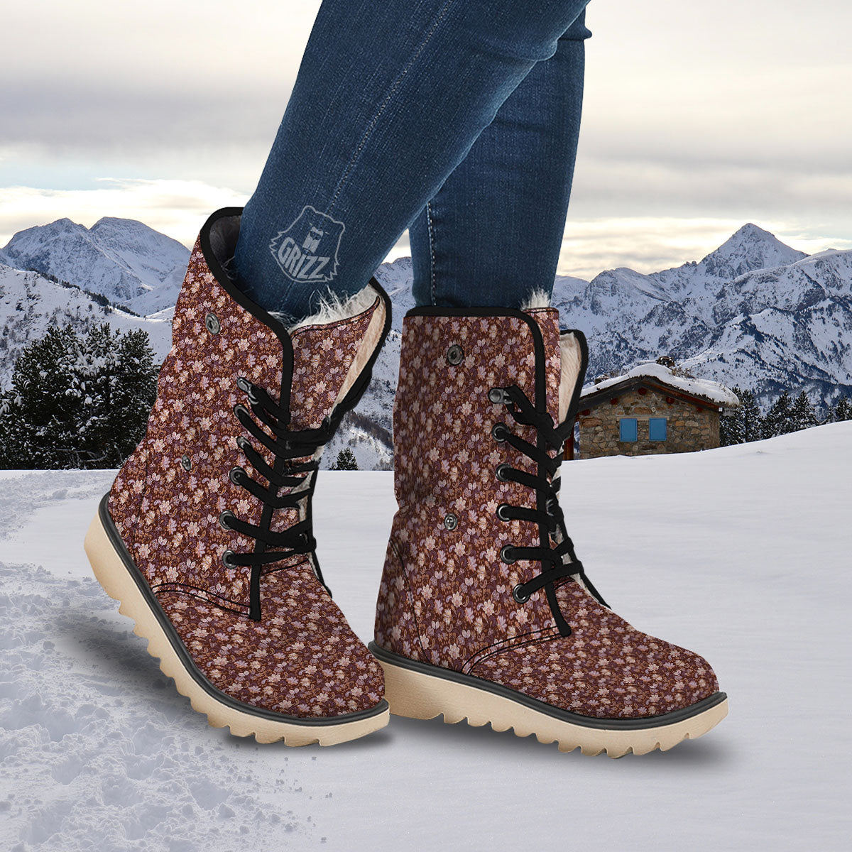 Bohemian Brown Floral Print Pattern Snow Boots Grizzshopping