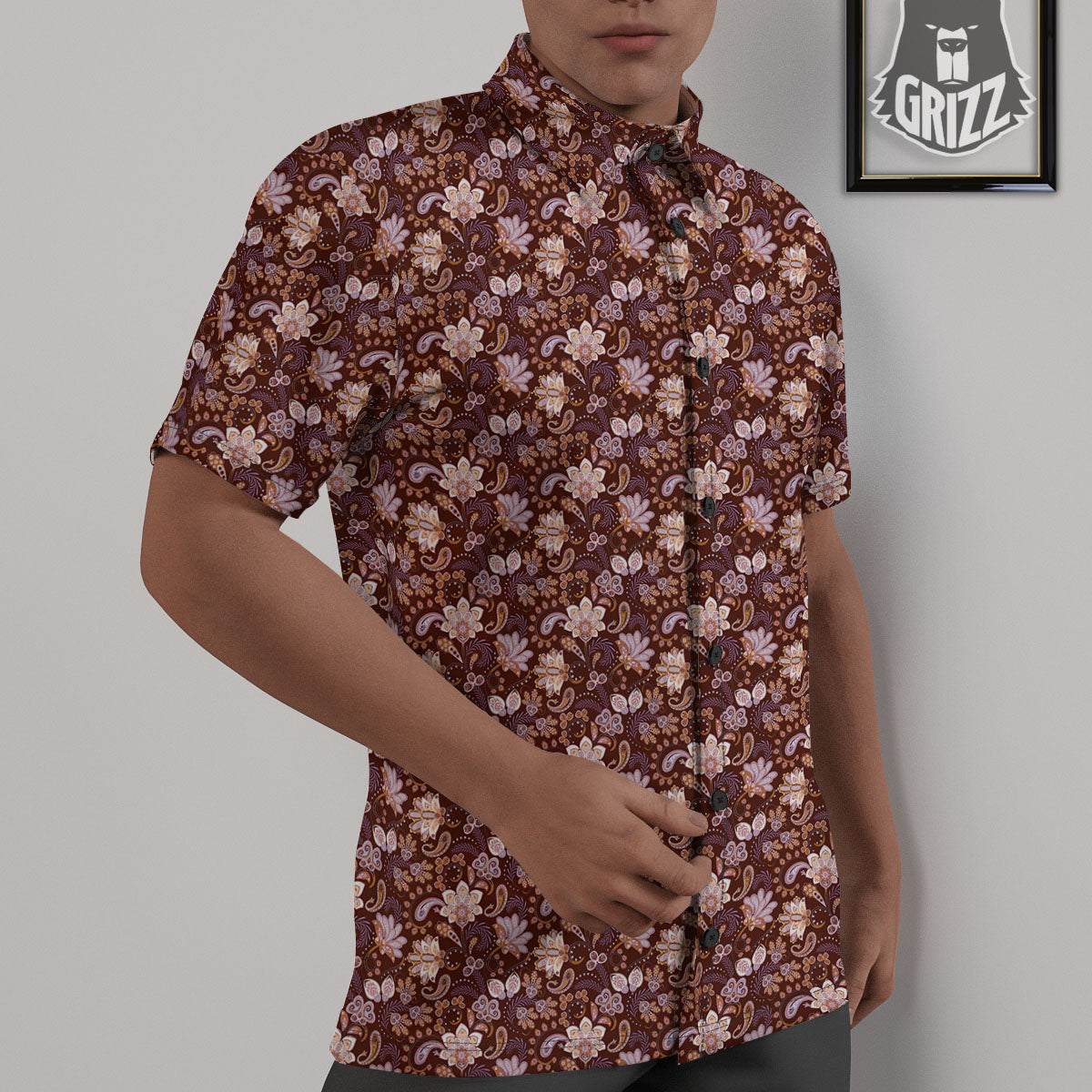 Bohemian Brown Floral Print Pattern Untucked Shirts-grizzshop
