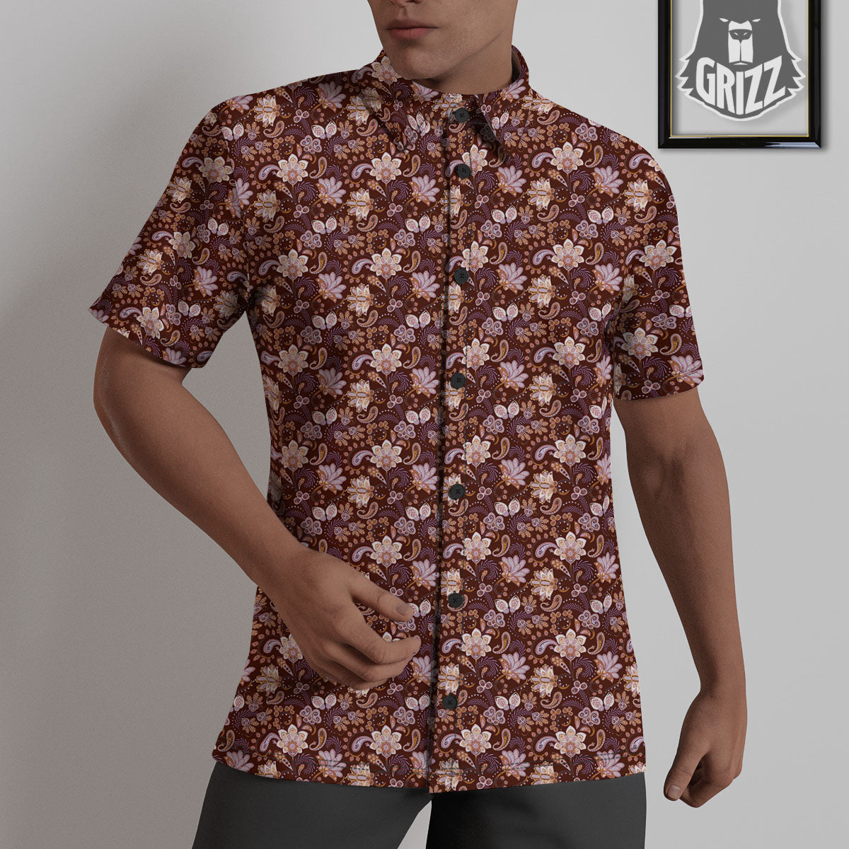 Bohemian Brown Floral Print Pattern Untucked Shirts-grizzshop