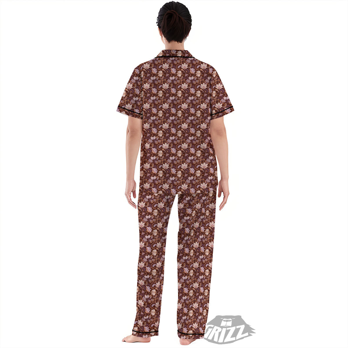 Bohemian Brown Floral Print Pattern Women's Pajamas Set-grizzshop