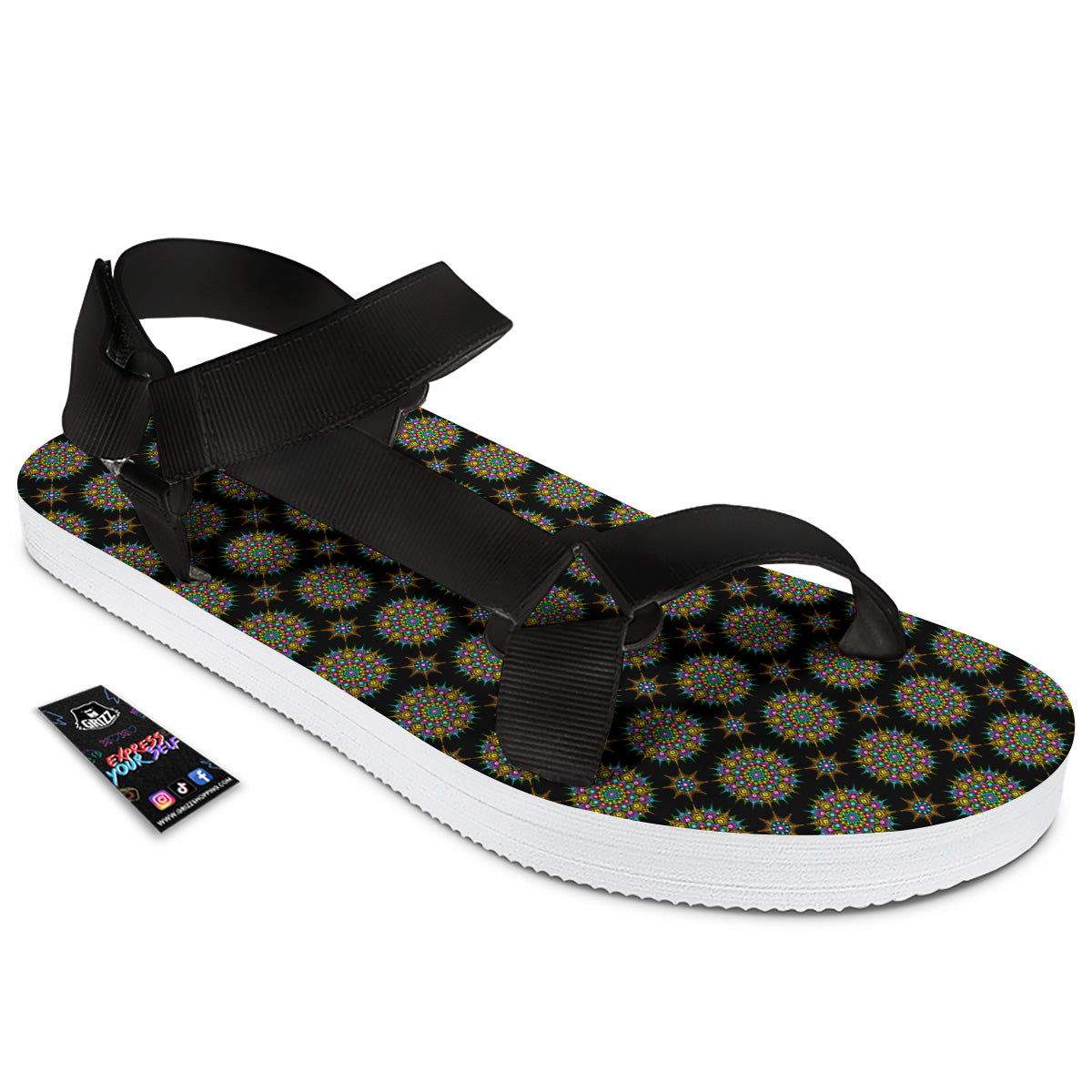 Bohemian Colorful Mandala Print Pattern Black Open Toe Sandals-grizzshop