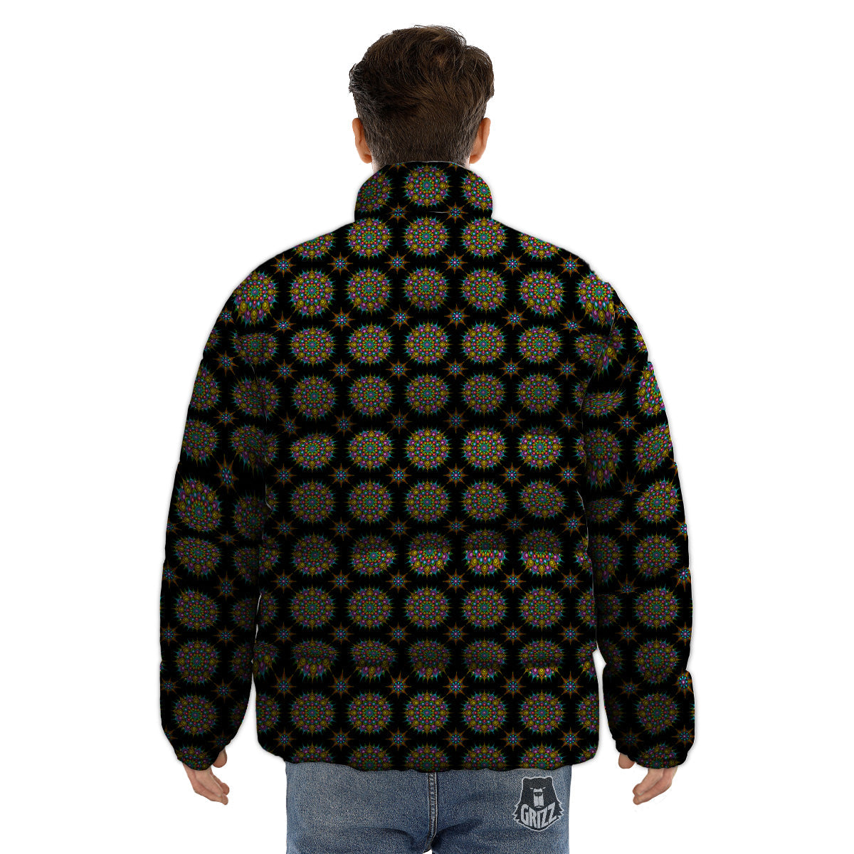 Bohemian Colorful Mandala Print Pattern Puffer Jacket-grizzshop