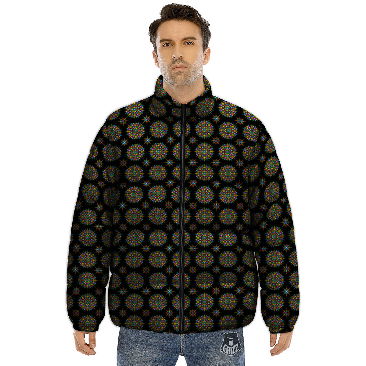 Bohemian Colorful Mandala Print Pattern Puffer Jacket-grizzshop