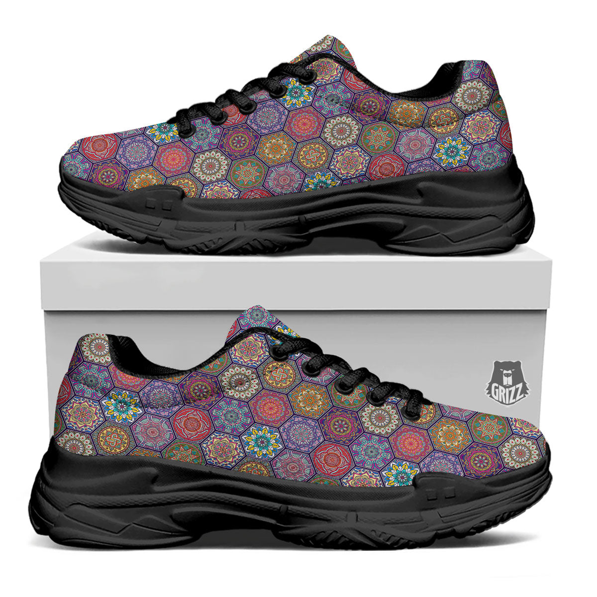 Bohemian Ethnic Mandala Print Pattern Black Chunky Shoes-grizzshop