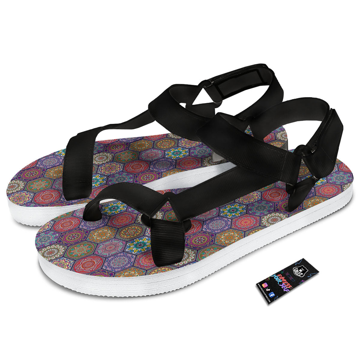 Bohemian Ethnic Mandala Print Pattern Black Open Toe Sandals-grizzshop