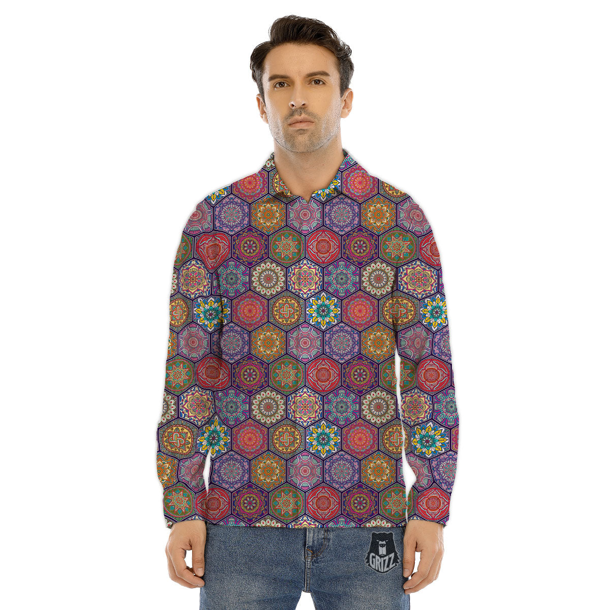 Bohemian Ethnic Mandala Print Pattern Men's Dress Shirts-grizzshop