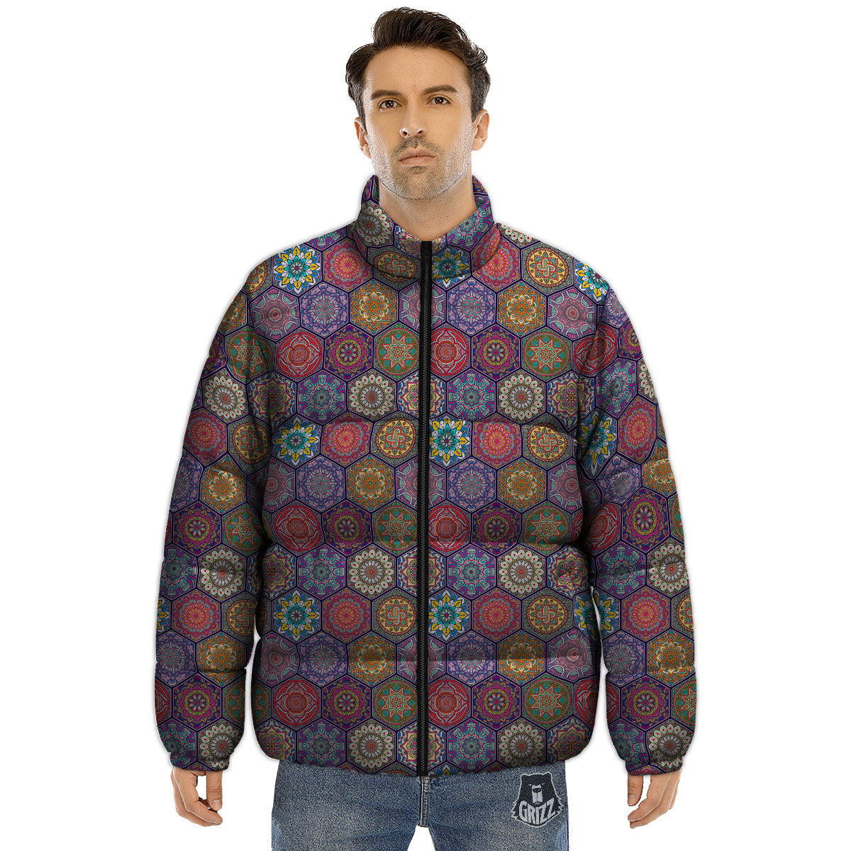 Bohemian Ethnic Mandala Print Pattern Puffer Jacket-grizzshop