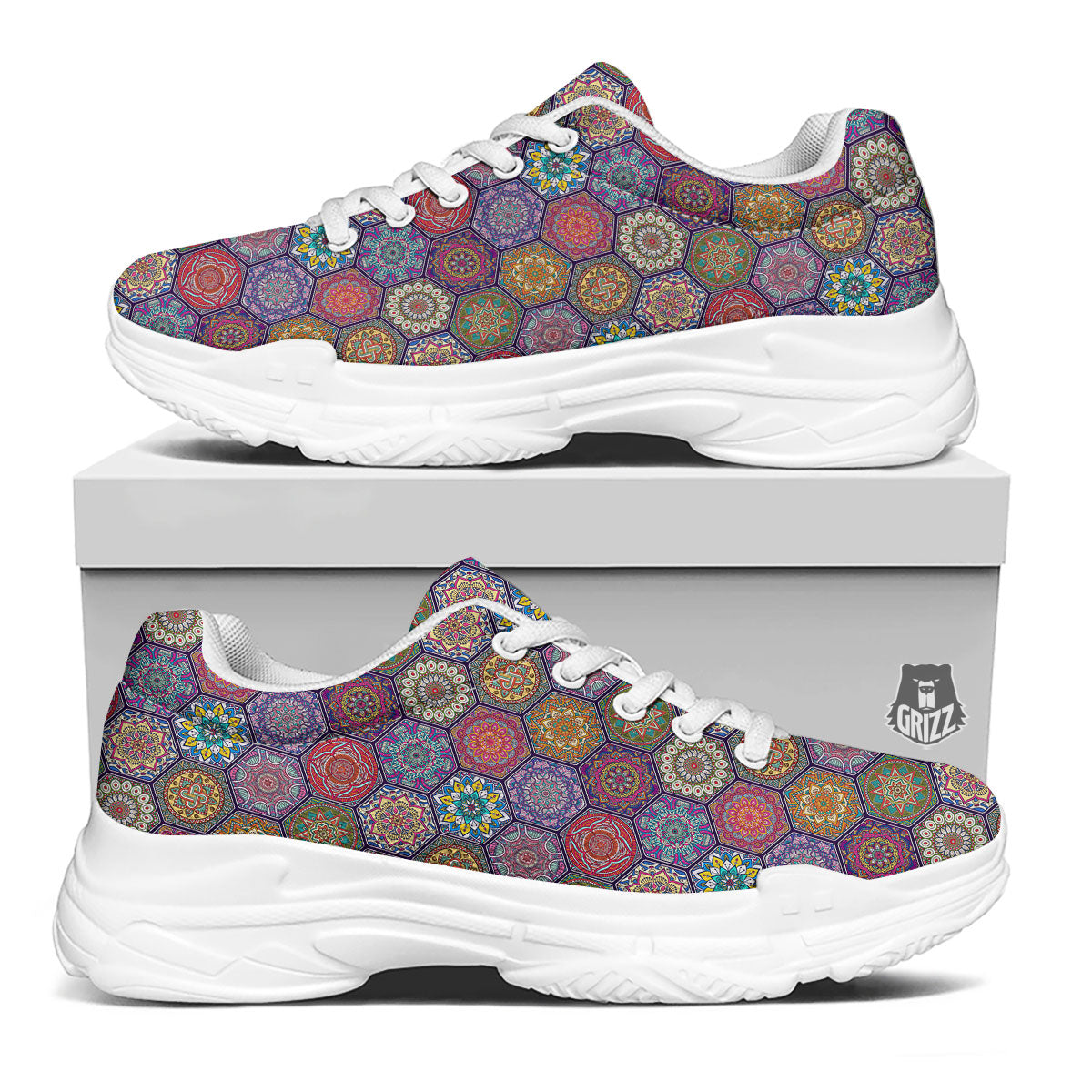 Bohemian Ethnic Mandala Print Pattern White Chunky Shoes-grizzshop