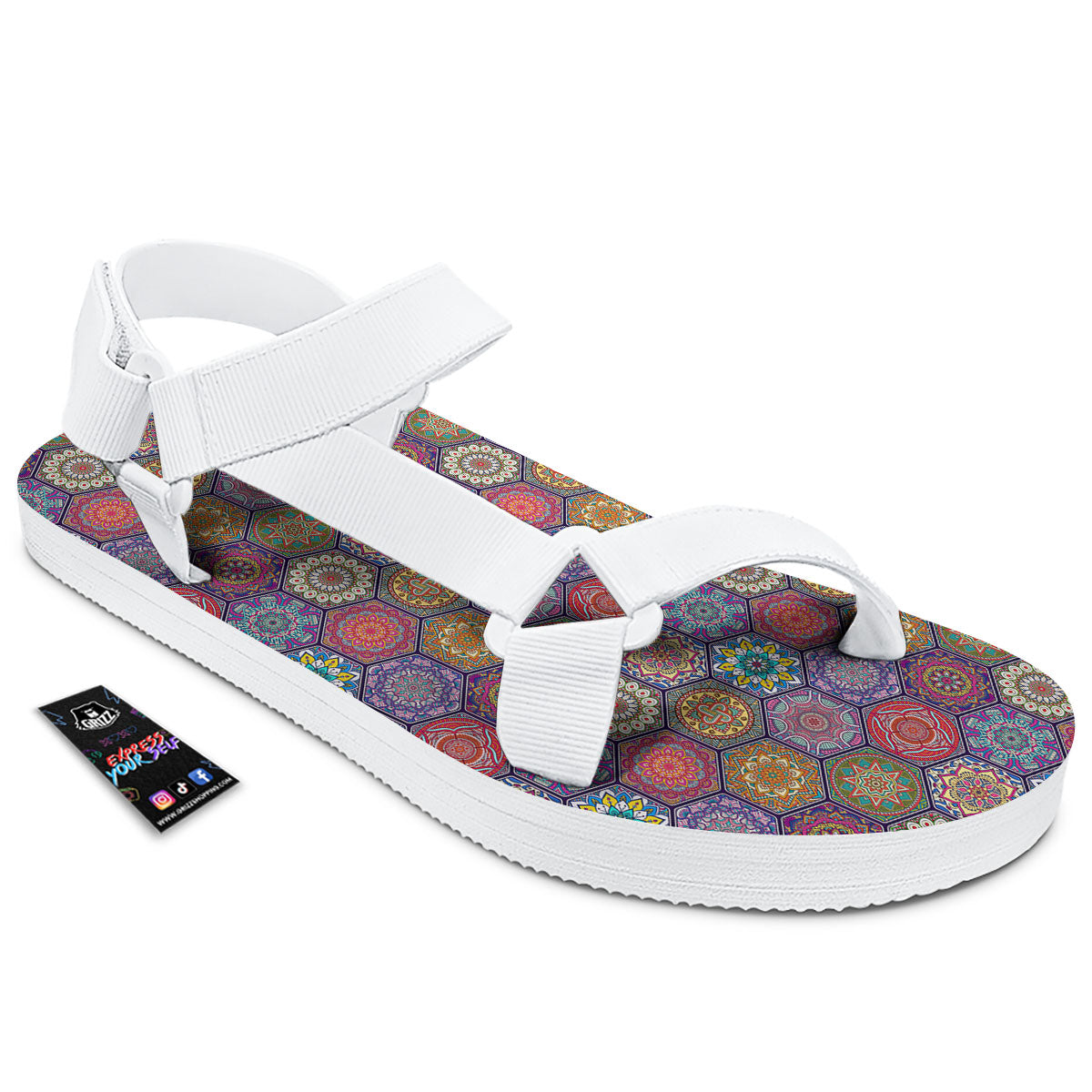 Bohemian Ethnic Mandala Print Pattern White Open Toe Sandals-grizzshop