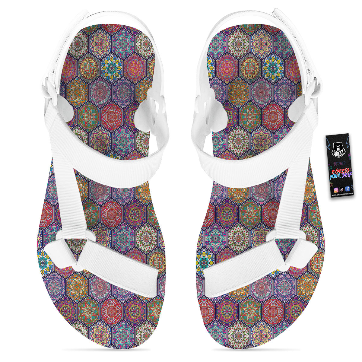 Bohemian Ethnic Mandala Print Pattern White Open Toe Sandals-grizzshop