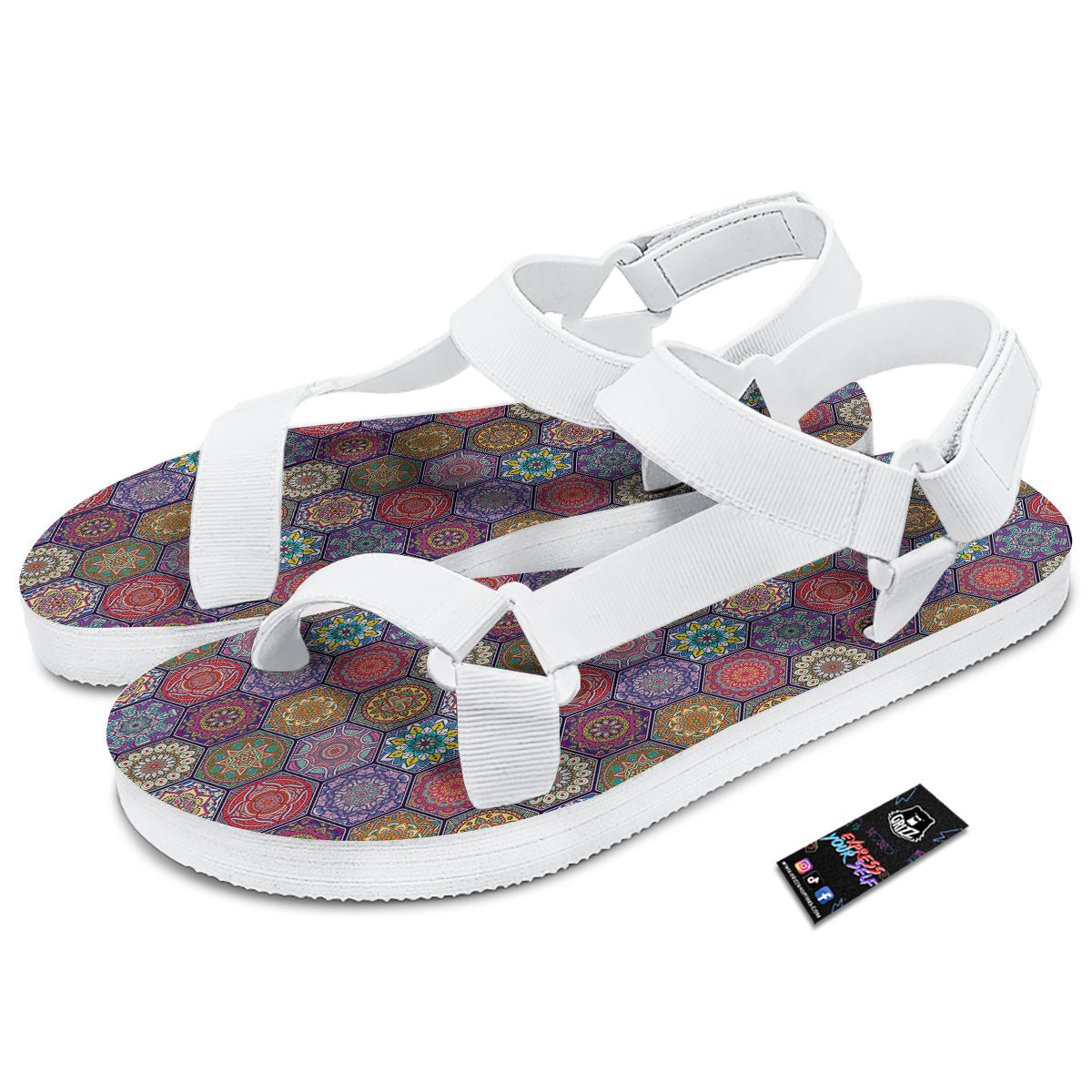 Bohemian Ethnic Mandala Print Pattern White Open Toe Sandals-grizzshop