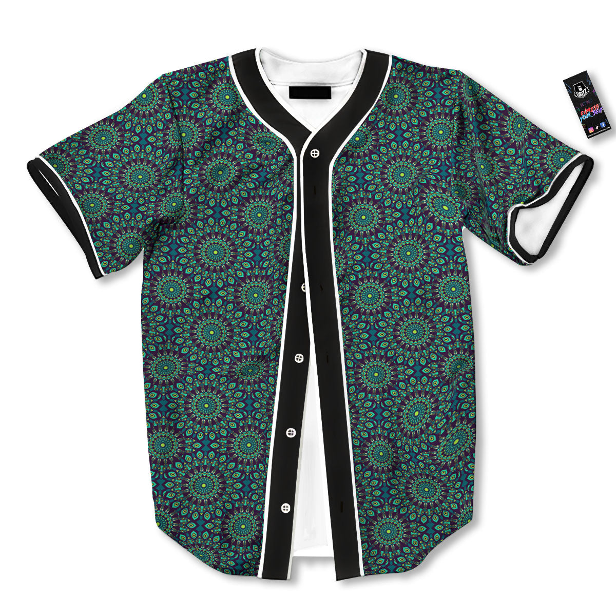 Bohemian Ethnic Teal Print Pattern Baseball Jersey-grizzshop