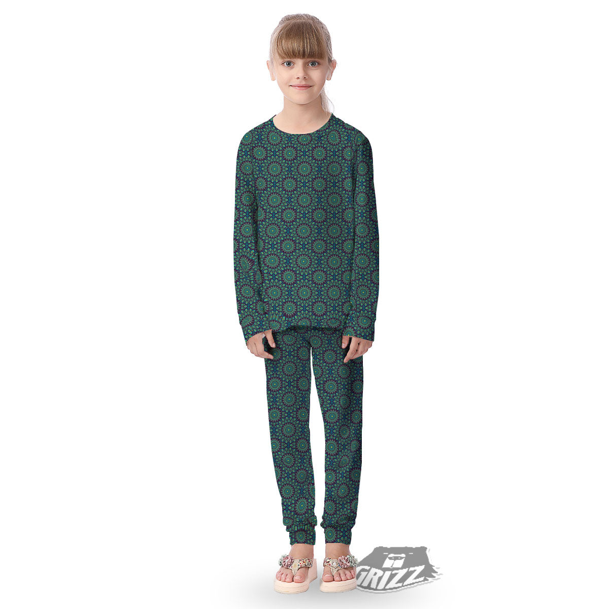 Bohemian Ethnic Teal Print Pattern Kid's Pajamas-grizzshop