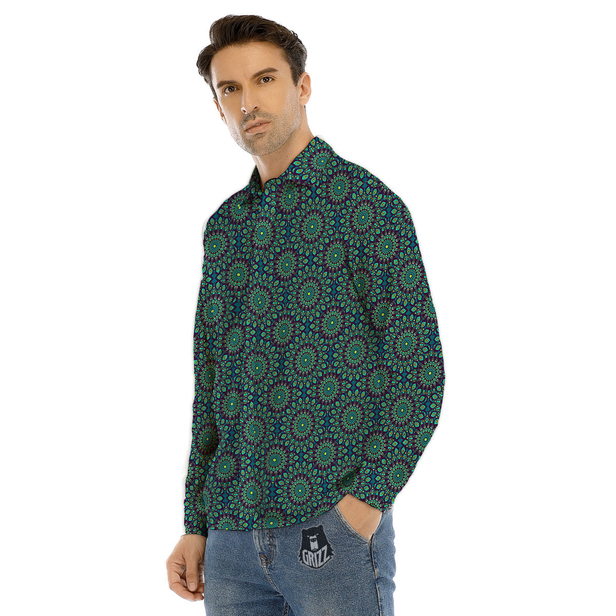 Bohemian Ethnic Teal Print Pattern Men's Dress Shirts-grizzshop