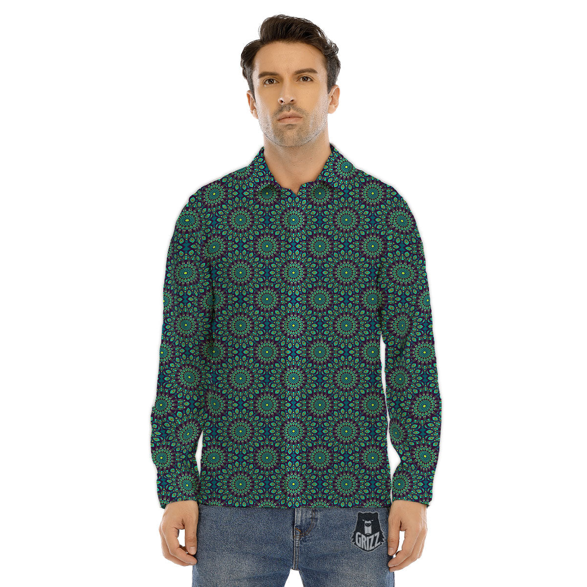 Bohemian Ethnic Teal Print Pattern Men's Dress Shirts-grizzshop