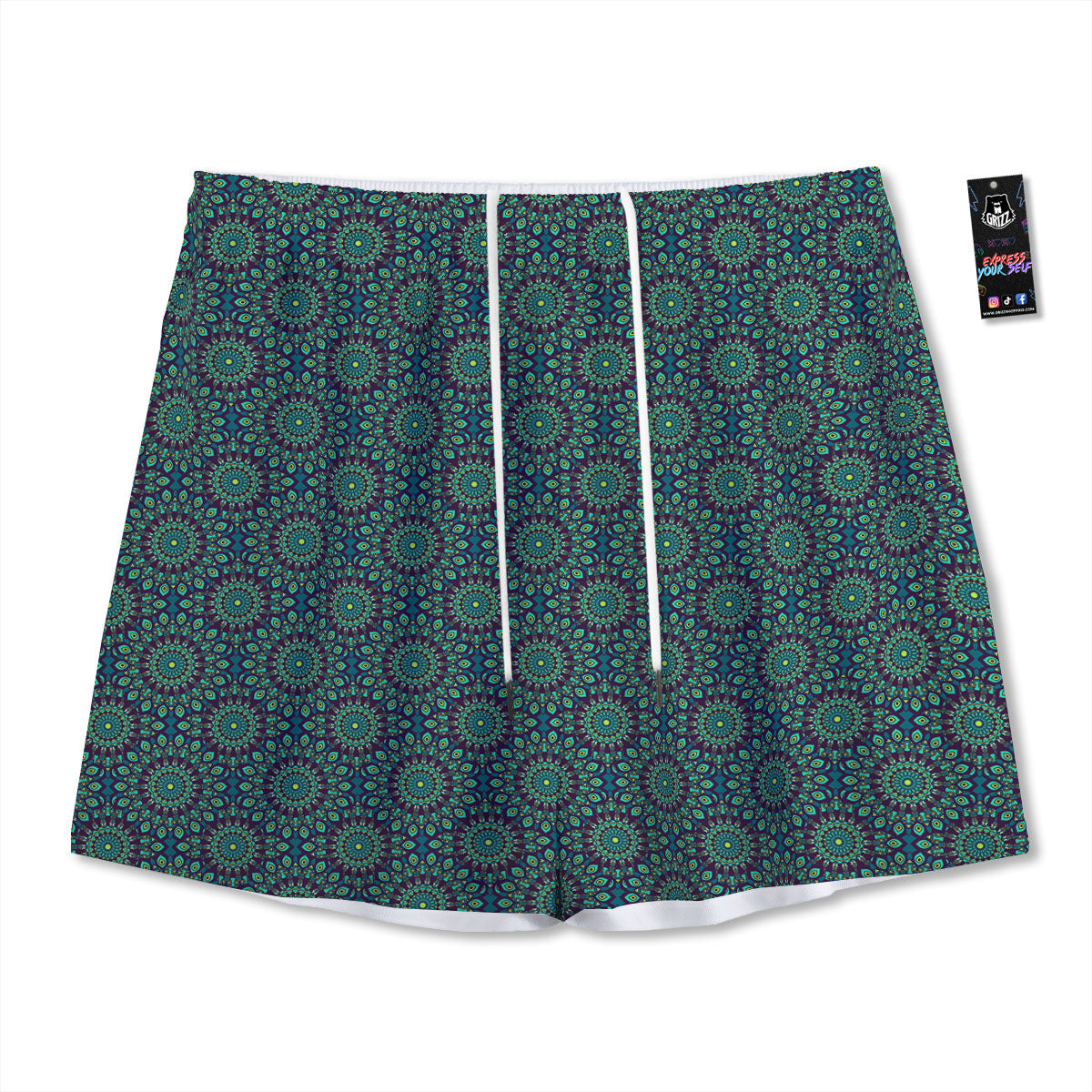 Bohemian Ethnic Teal Print Pattern Mesh Shorts
