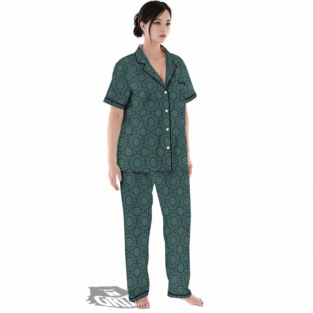 Bohemian Ethnic Teal Print Pattern Women's Pajamas Set-grizzshop