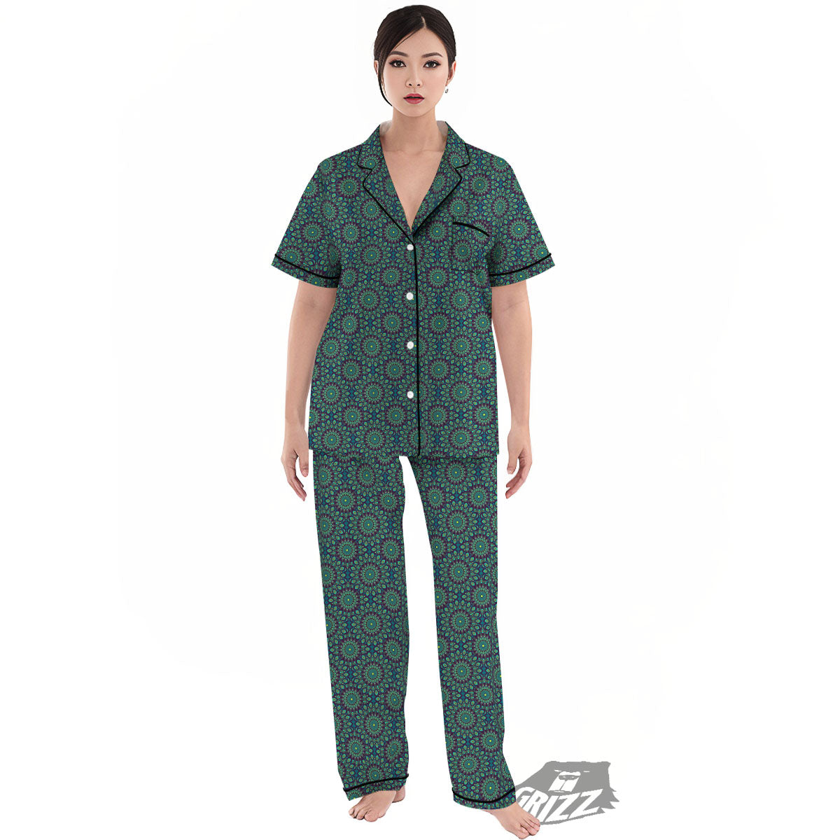 Bohemian Ethnic Teal Print Pattern Women's Pajamas Set-grizzshop
