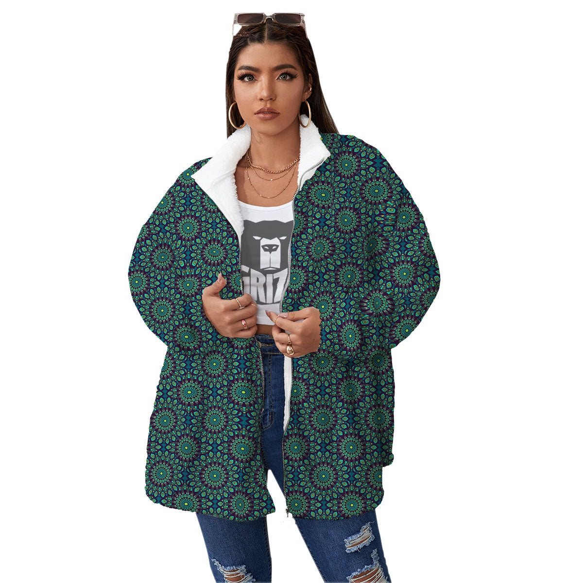 Bohemian Ethnic Teal Print Pattern Women's Sherpa Jacket-grizzshop