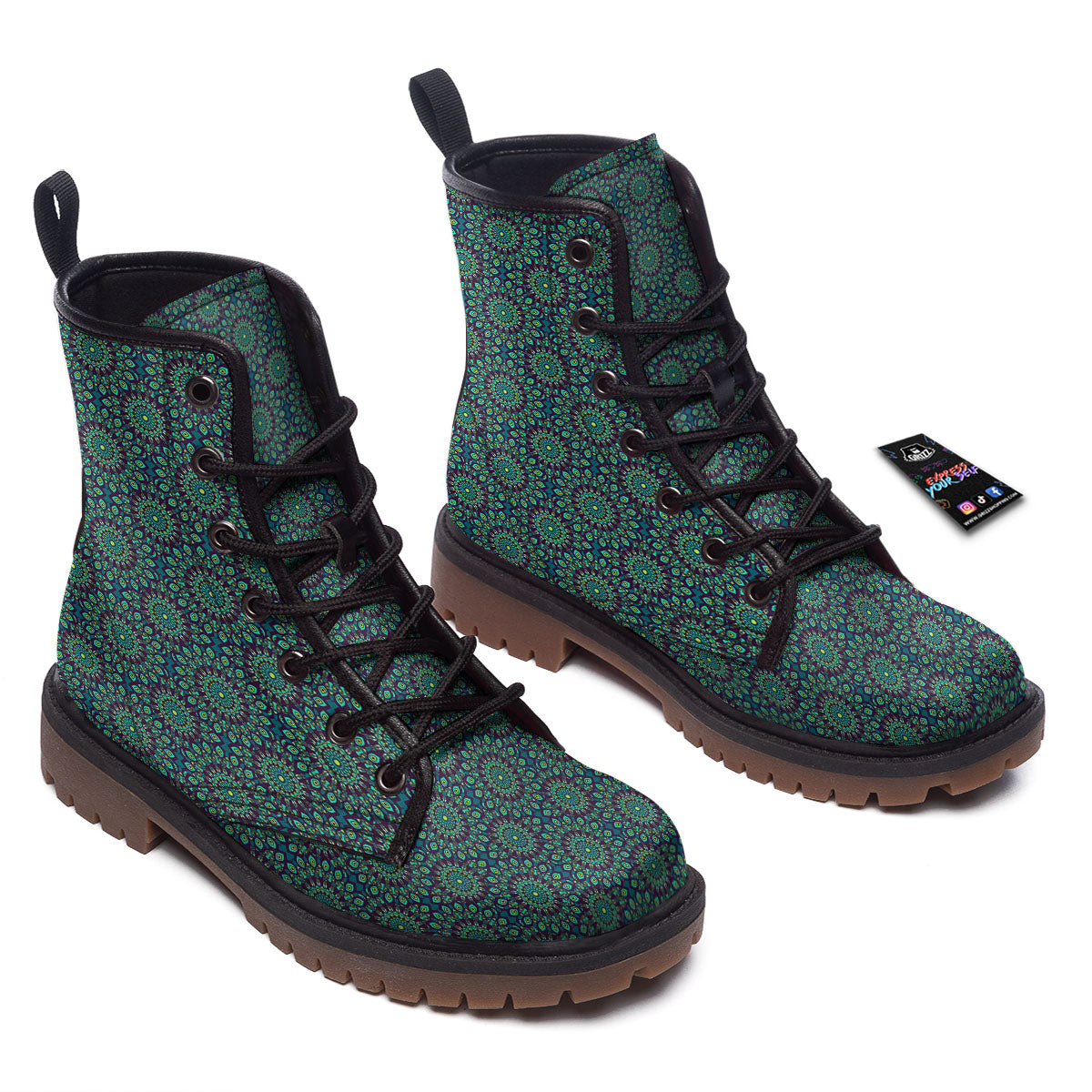 Bohemian Ethnic Teal Print Pattern Work Boots-grizzshop