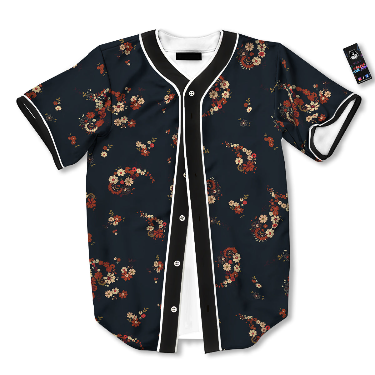 Bohemian Floral Blue Orange Vintage Print Pattern Baseball Jersey-grizzshop