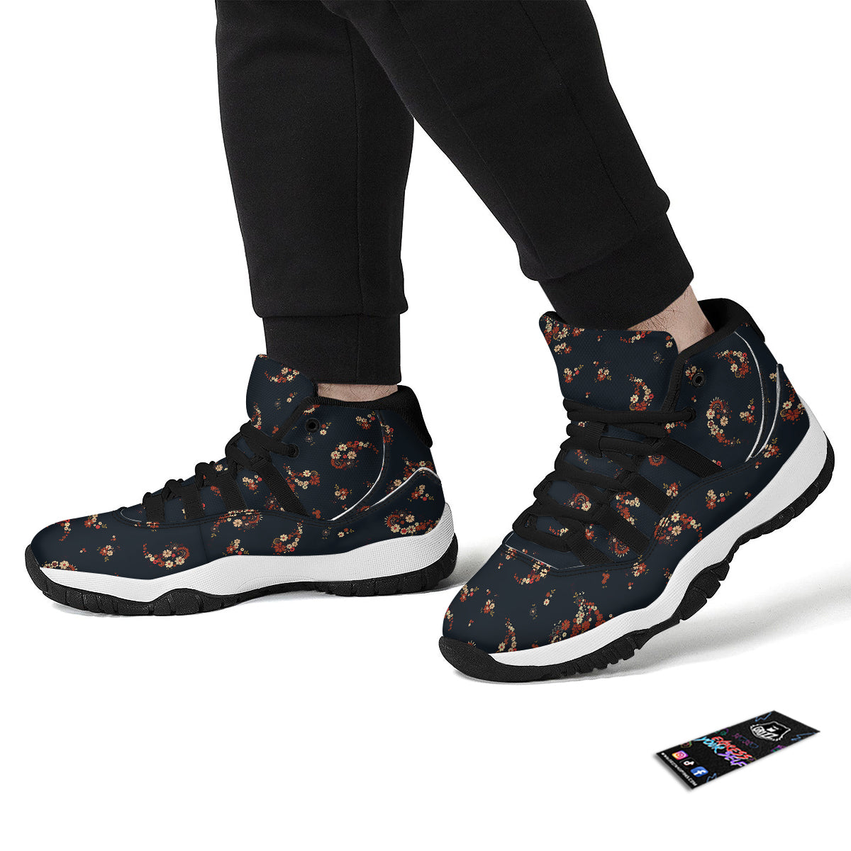 Bohemian Floral Blue Orange Vintage Print Pattern Black Bball Shoes-grizzshop