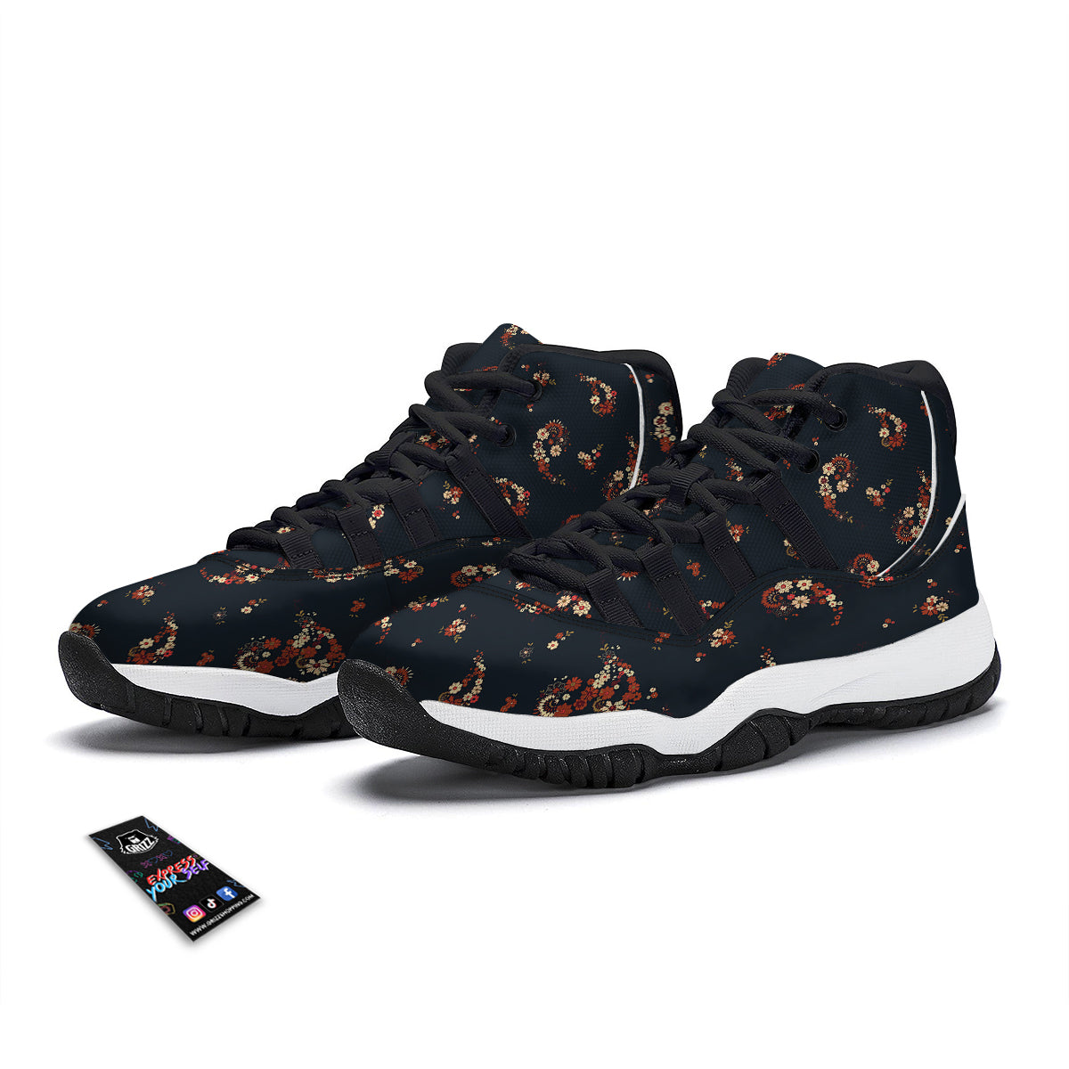 Bohemian Floral Blue Orange Vintage Print Pattern Black Bball Shoes-grizzshop