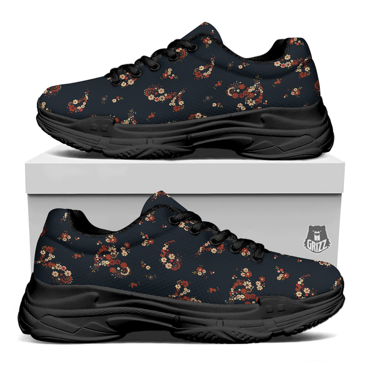 Bohemian Floral Blue Orange Vintage Print Pattern Black Chunky Shoes-grizzshop