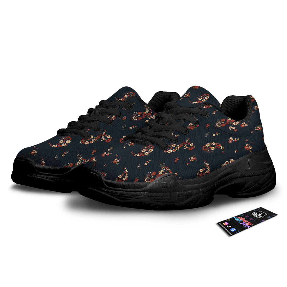 Bohemian Floral Blue Orange Vintage Print Pattern Black Chunky Shoes-grizzshop