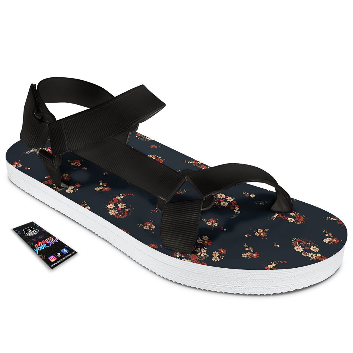 Bohemian Floral Blue Orange Vintage Print Pattern Black Open Toe Sandals-grizzshop