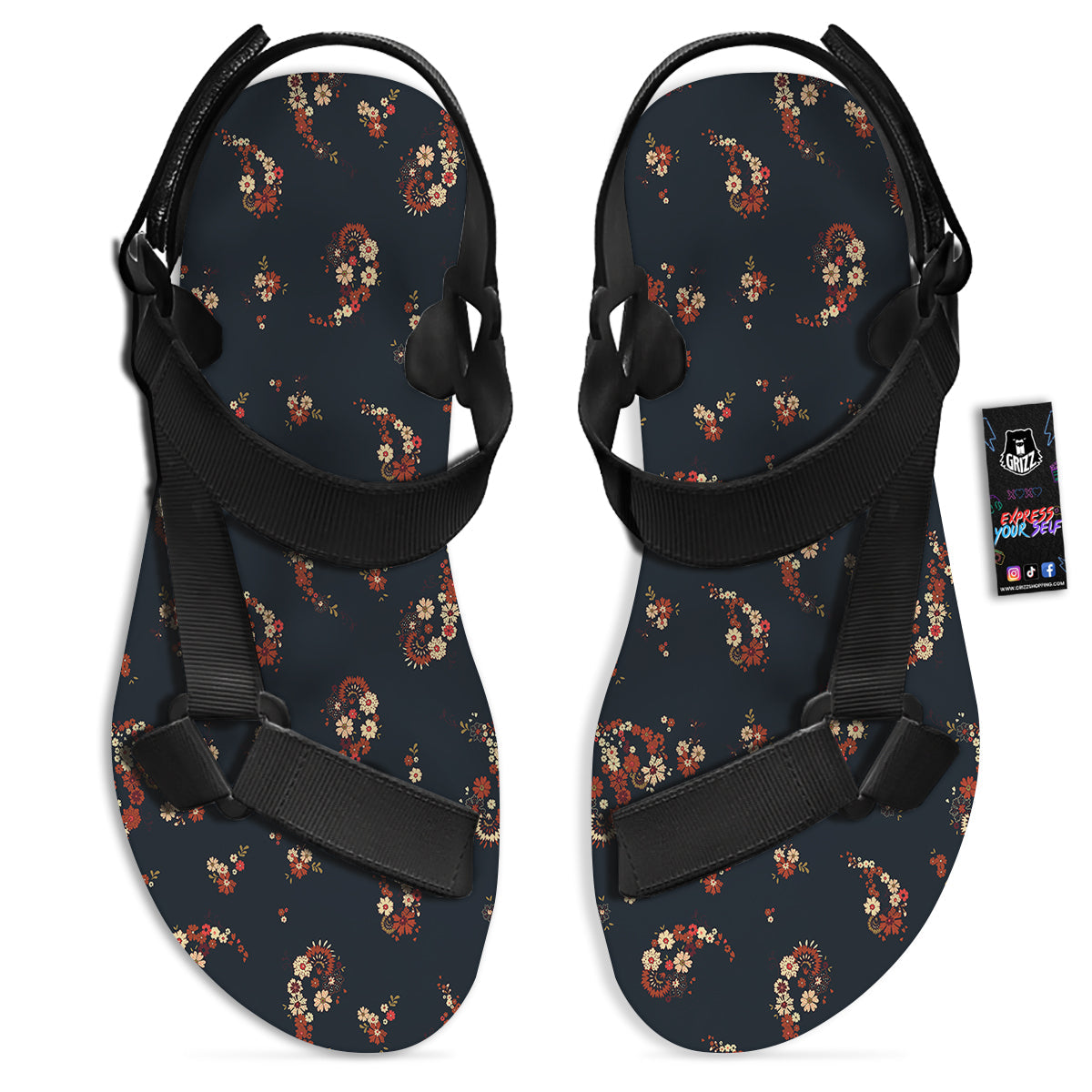 Bohemian Floral Blue Orange Vintage Print Pattern Black Open Toe Sandals-grizzshop