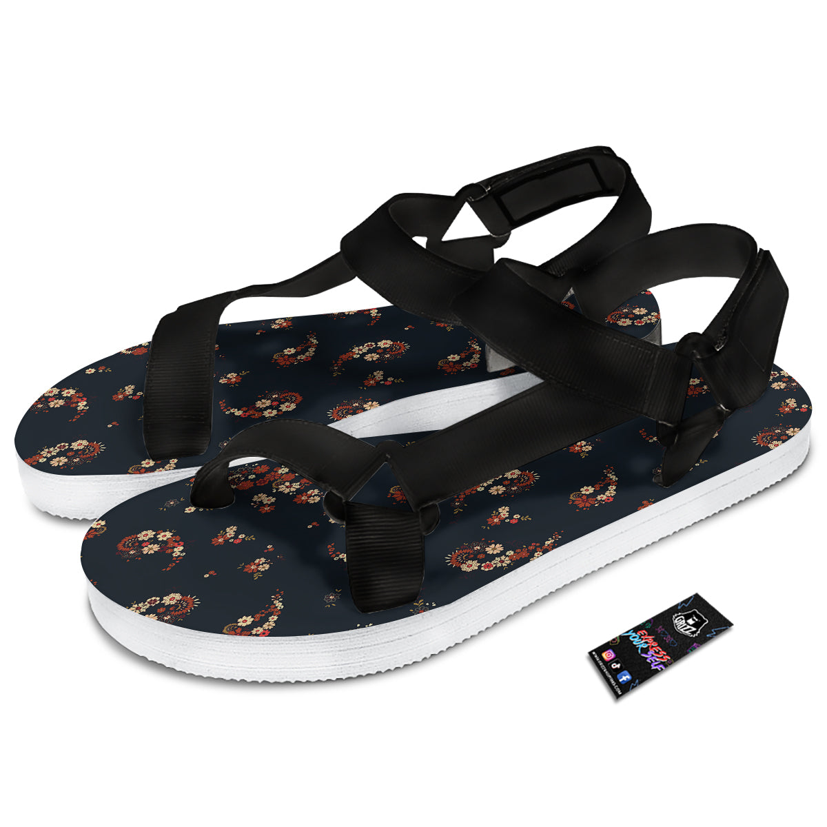 Bohemian Floral Blue Orange Vintage Print Pattern Black Open Toe Sandals-grizzshop