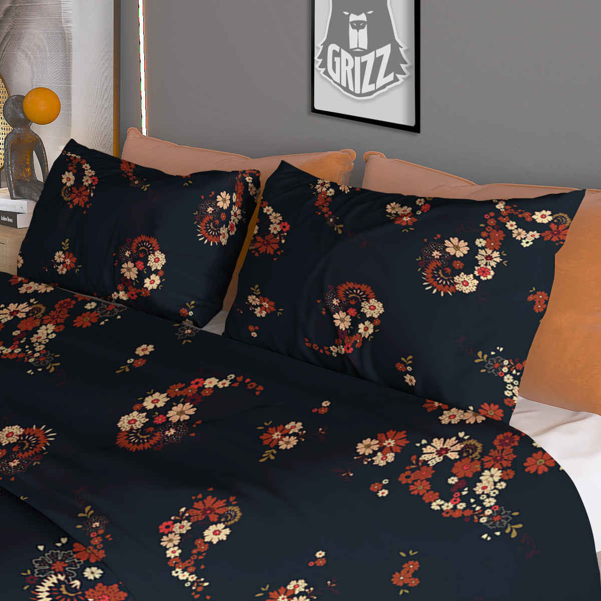 Bohemian Floral Blue Orange Vintage Print Pattern Duvet Cover Bedding Set