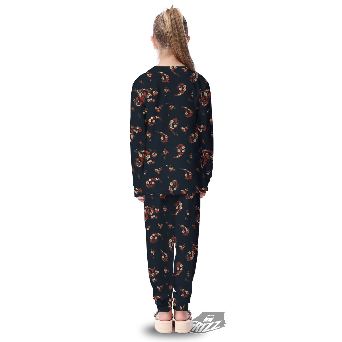 Bohemian Floral Blue Orange Vintage Print Pattern Kid's Pajamas-grizzshop