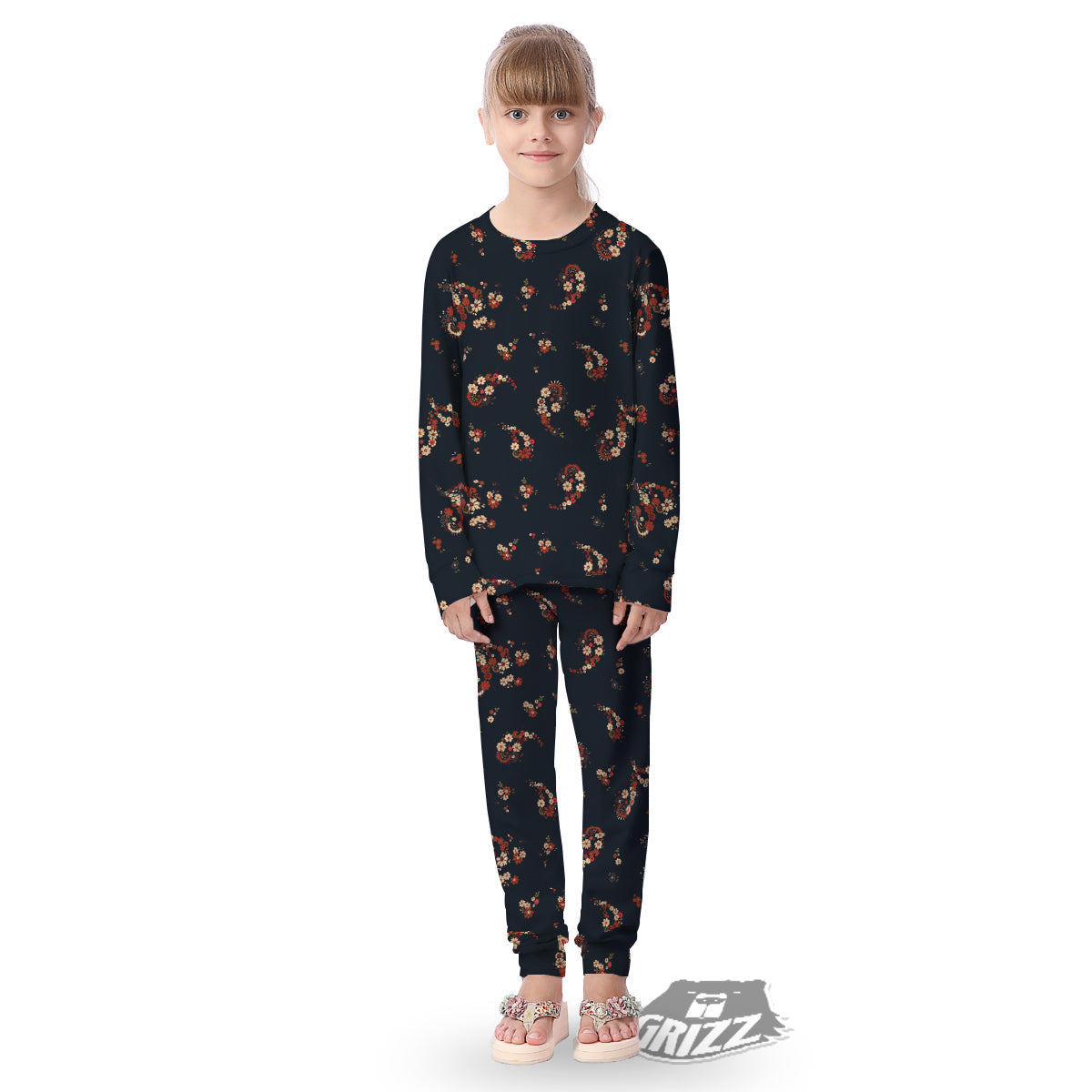 Bohemian Floral Blue Orange Vintage Print Pattern Kid's Pajamas-grizzshop