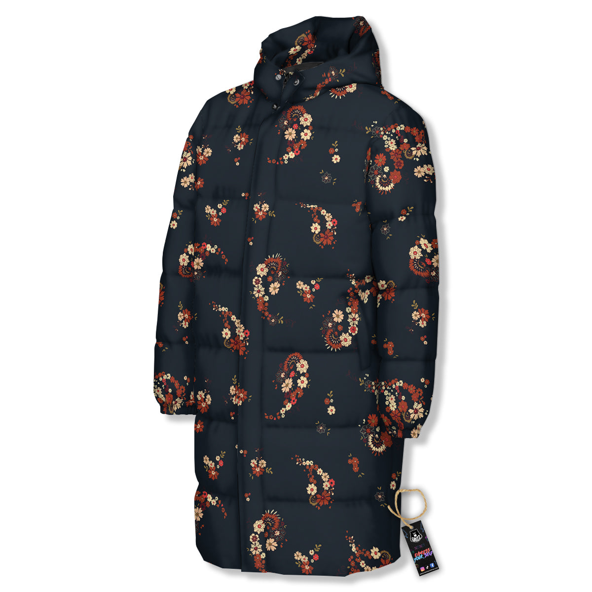 Bohemian Floral Blue Orange Vintage Print Pattern Long Down Jacket-grizzshop