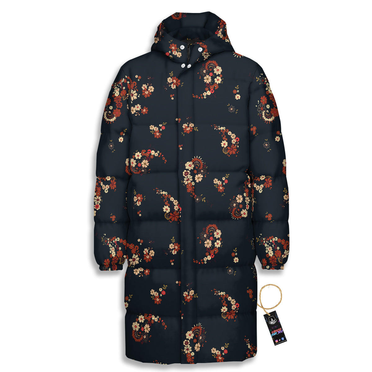 Bohemian Floral Blue Orange Vintage Print Pattern Long Down Jacket-grizzshop