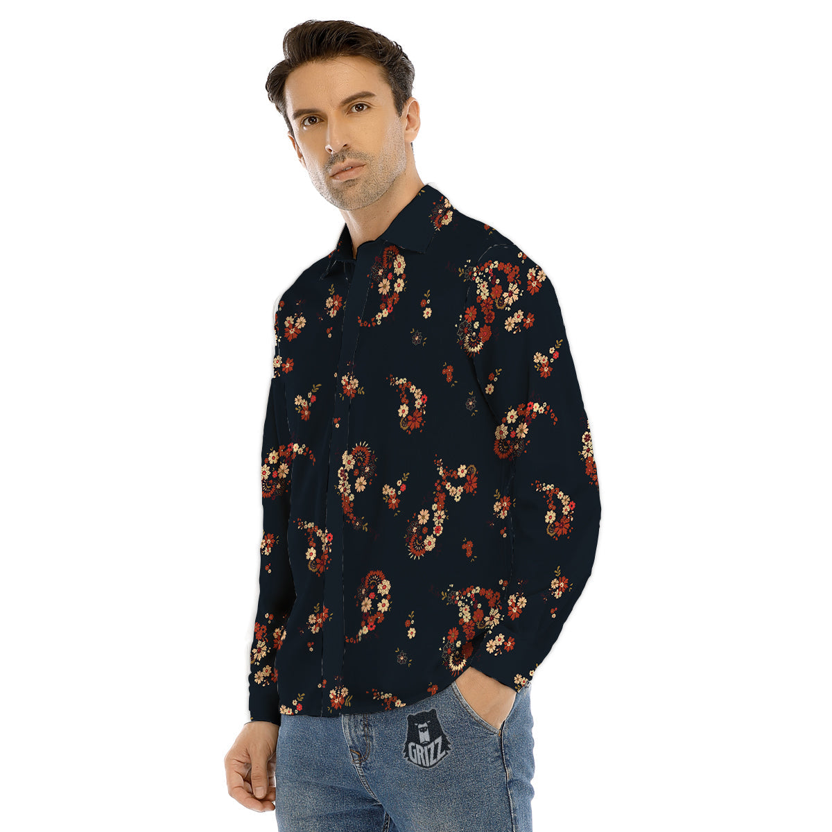 Bohemian Floral Blue Orange Vintage Print Pattern Men's Dress Shirts-grizzshop