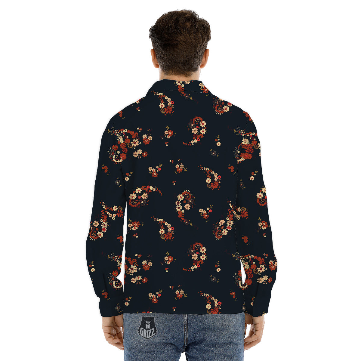 Bohemian Floral Blue Orange Vintage Print Pattern Men's Dress Shirts-grizzshop