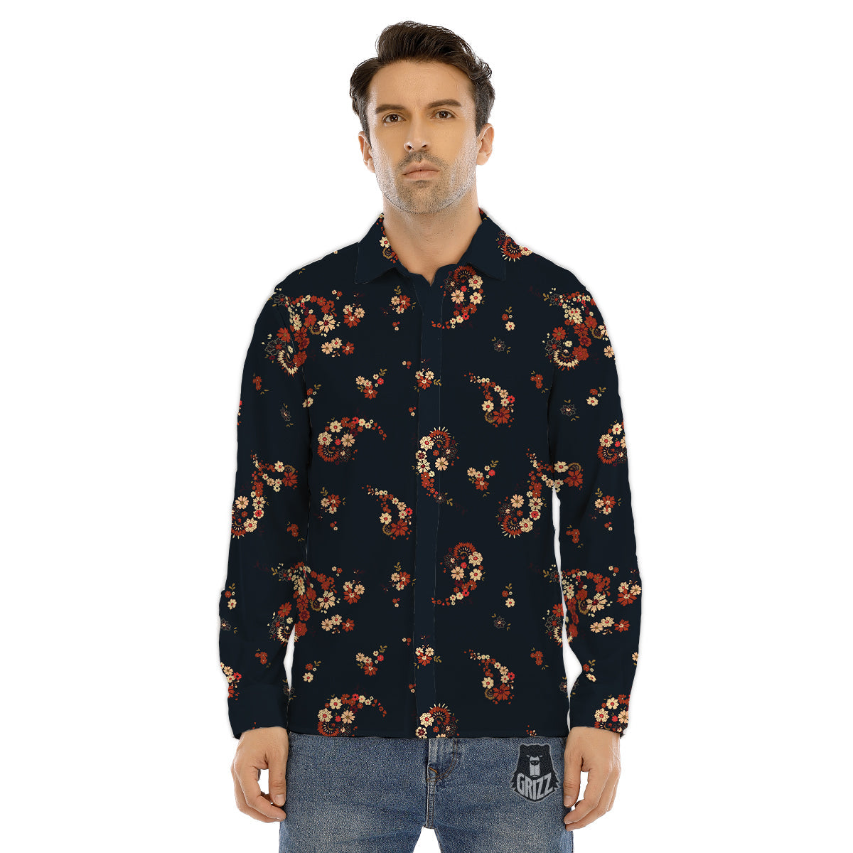 Bohemian Floral Blue Orange Vintage Print Pattern Men's Dress Shirts-grizzshop